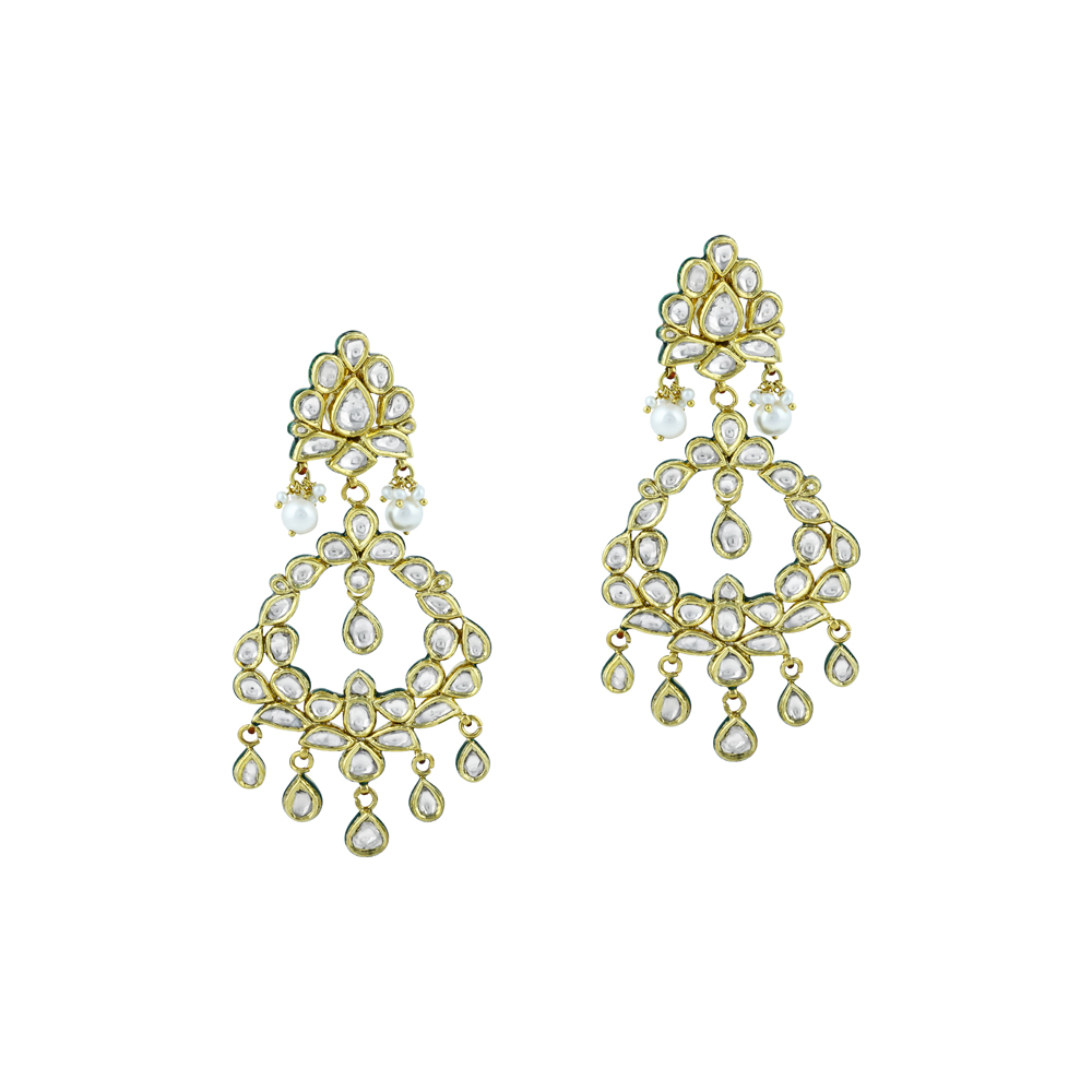 Polki Chandelier Earrings with Teardrops and Pearls